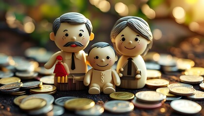 Fototapeta premium A family surrounded by icons of savings, investments, and future planning in a warm and optimistic financial illustration