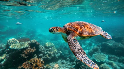 Obraz premium Graceful Journeys: A Sea Turtle in Australia’s Great Barrier Reef
