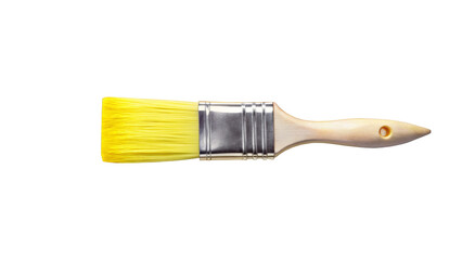 A brush with a light wooden handle and bright yellow paint bristles can be seen in front of a transparent background. The bristles are neatly arranged and the brush is ready to use. AI generated.