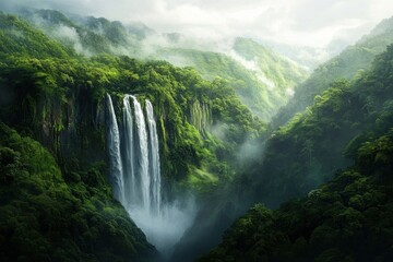 Fototapeta premium Stunning cascade streaming down verdant peaks, vapor rising from untamed streams, rich tones of thick forest, magnificent grandeur and wonder of the natural world