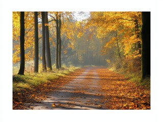 A serene autumn path through golden foliage in a tranquil forest at dawn