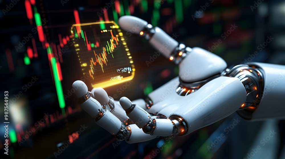 Poster close up view of a robotic hand holding a glowing holographic display of a dynamic chart symbolizing