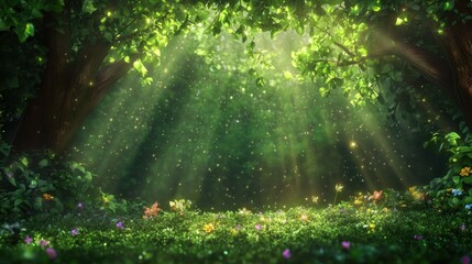 Obraz premium Magical forest glade with sunlight rays and sparkling particles on lush green grass.