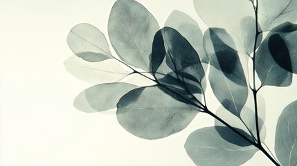   A monochromatic image of a tree limb with foliage creating a silhouette behind it