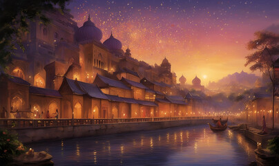 Fototapeta premium Glittering candles and lanterns on Diwali, symbolizing the victory of goodness