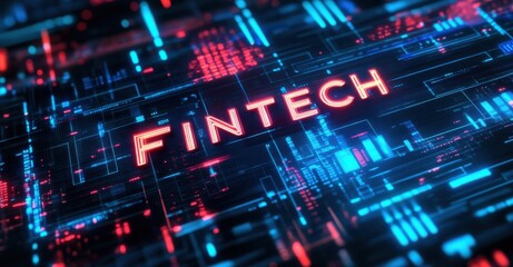 Futuristic fintech concept with glowing digital text and hologram elements in a virtual space