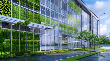 Fototapeta premium A high-tech building with large windows and green walls, showcasing energy-efficient design and natural light use.