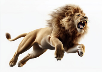 A roaring lion in jumping pose.