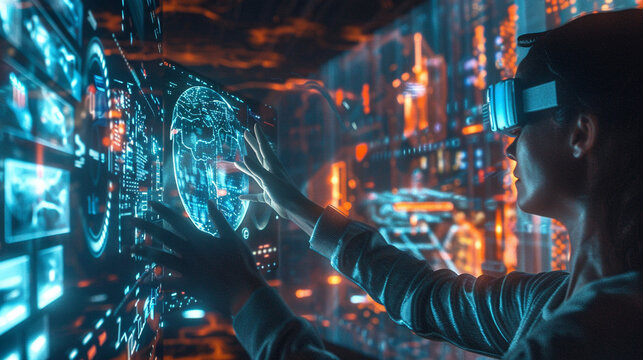 A person using a holographic interface powered by 6G technology, interacting with real-time data streams in a virtual space