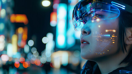 A person wearing smart glasses powered by 6G, visualizing augmented reality data overlays in a city environment