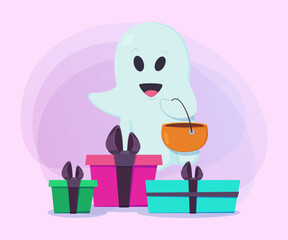 Ghost with cauldron among gift boxes on abstract background. Halloween banner design. Halloween celebration, holiday, party, presents concept. Vector illustration for poster or invitation
