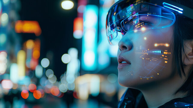A person wearing smart glasses powered by 6G, visualizing augmented reality data overlays in a city environment