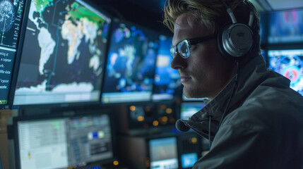 A researcher at a computer screen, analyzing satellite data on Earth's climate and space weather