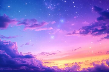 Twilight view: a stunning fusion of clouds, stars, and hues of violet, azure, amber, and rose as daylight shifts to darkness nature’s celestial masterpiece