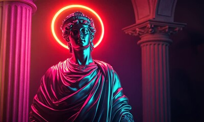 Ancient Statue with Neon Lights