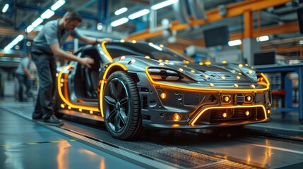 Obraz premium Automotive Engineer Working on Electric Car Chassis Platform, Using Tablet Computer with Augmented Reality 3D Software.