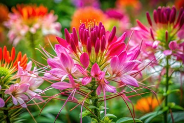 Radiant spider flowers flourish in a garden, showcasing nature's vivid colors and intricate details, creating a stunning tapestry of beauty and life all around.