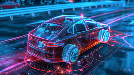 A self-driving car navigating a smart city with 6G connectivity, receiving real-time updates from surrounding infrastructure