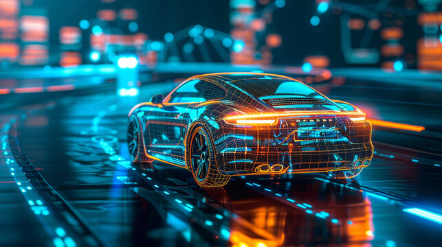 A self-driving car navigating a smart city with 6G connectivity, receiving real-time updates from surrounding infrastructure