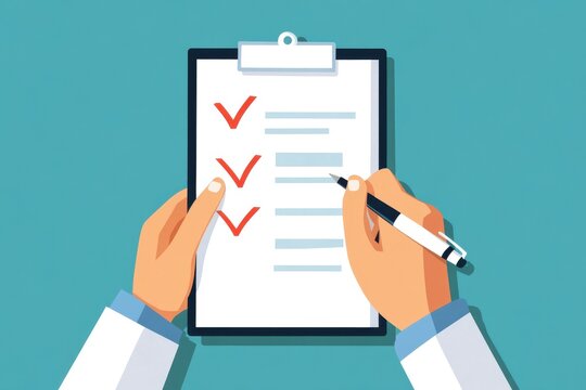 Medical professional holding clipboard with healthcare assessment checklist in minimalist style