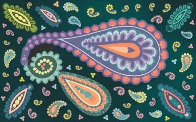 Colorful paisley pattern. Vibrant paisley pattern design, featuring intricate details and a blend of colors on a deep green background. Perfect for textile, fashion, and design projects.