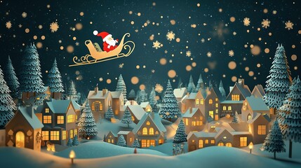   A festive winter landscape features a red-nosed Santa Claus piloting his sleigh through a snowy sky above a quaint town, blanketed in white