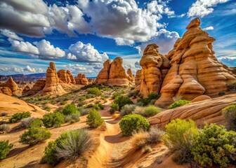 Rugged sandstone formations create a demanding and picturesque environment for hikers along a trail in the desert's unforgiving terrain.