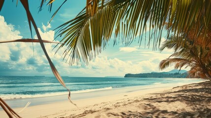 Fototapeta premium A tropical beach with palm trees, represents a summer vacation paradise, with copy space