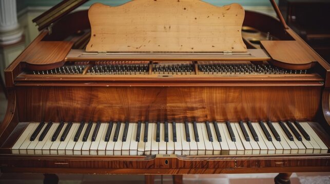 Vintage grand piano with open lid, showing the keys and hammers.