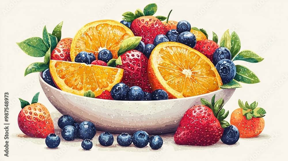 Sticker   A painting of oranges, blueberries, strawberries on a white background