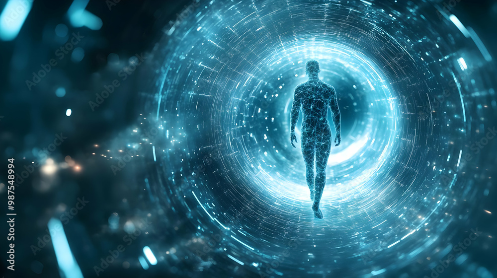 Canvas Prints a futuristic representation of a figure walking through a digital portal, emitting blue light in a c
