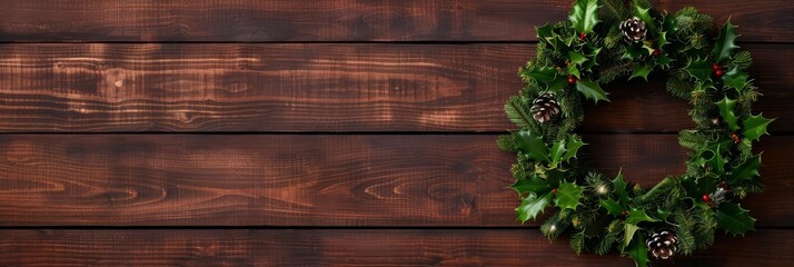 Fototapeta premium Green Christmas wreath on rustic brown wood background.