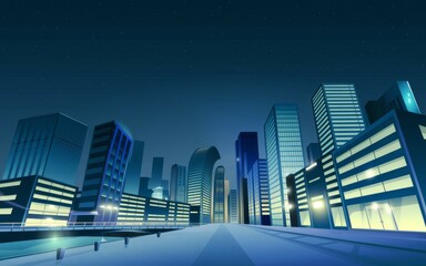 Obraz premium Cityscape night view. Nighttime cityscape with illuminated skyscrapers and empty road, evoking a sense of solitude and urban tranquility.