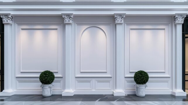 Blank storefront facade with classical columns and arched window. Perfect for mockups and branding.