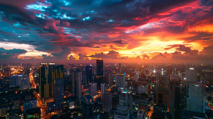 Obraz premium Aerial view of a city skyline at sunset – high-rise buildings with glowing lights, dramatic sky with vibrant sunset colors.