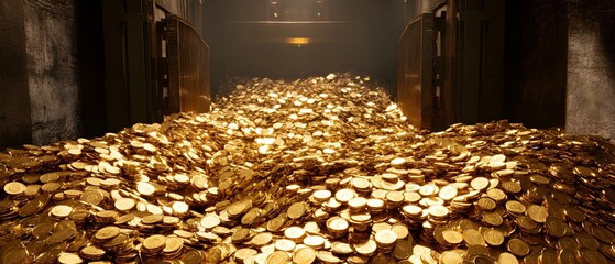 A large pile of gold coins overflowing from a vault, representing immense wealth, financial fortune, and secure assets.