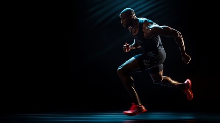 Naklejka premium A strong athletic, man sprinter, running on black background wearing in the sportswear, fitness and sport motivation concept