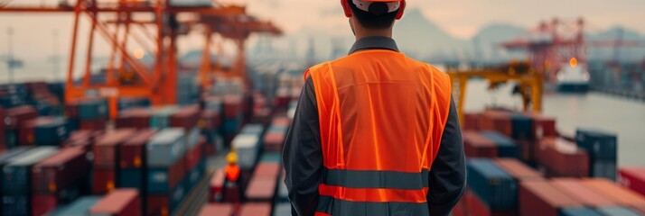 Worker in orange safety vest at a busy port.