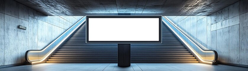 A modern, minimalistic presentation space with a large screen and sleek staircase, perfect for events and conferences.