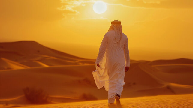 Arab man in traditional thobe and ghutra in a desert &ndash; man wearing traditional white thobe and headscarf, walking in the golden desert at sunset.