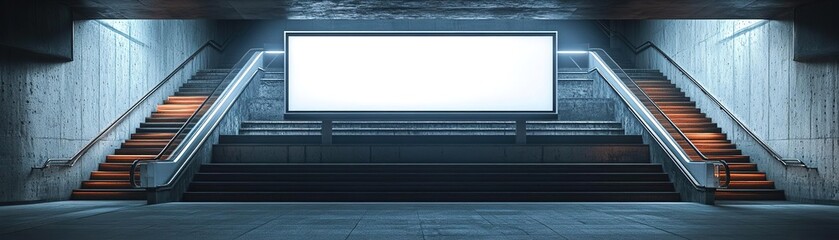 Obraz premium An empty urban space featuring a blank billboard and minimalist stairs, ideal for advertising and creative projects.
