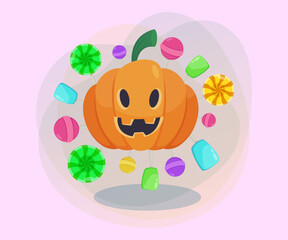 Pumpkin lantern among lollipops on abstract background. Halloween banner design. Halloween celebration, holiday, treat concept. Vector illustration for poster, postcard or invitation