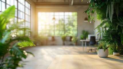Wooden Tabletop with Green Plants and Blurred Office Background