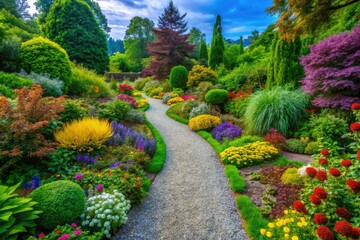 Obraz premium Serene gravel trails gracefully weave through a blooming garden, embraced by emerald foliage and vivid flowers, creating a harmonious escape into natureâ€™s charm.