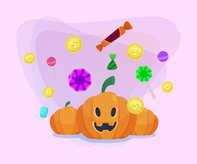 Pumpkin lanterns, lollipops, candies, gold coins on abstract background. Halloween banner design. Celebration, holiday, sale concept. Vector illustration for poster or flyer