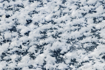 Big fluffy snowflakes on the surface of the ice. Winter and Christmas background