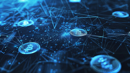 Blockchain concept with digital coins – floating cryptocurrencies connected by digital lines, representing the blockchain network.