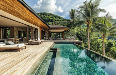 Modern villa with a wooden deck and swimming pool, surrounded by palm trees. Two gray sun loungers on the terrace near an outdoor bar overlooking the tropical garden.