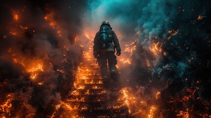 Strong and brave Firefighter Going Up The Stairs in Burning Building.