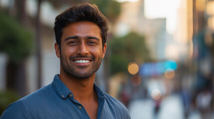 Indian young handsome man smiling against urban background close-up. World Smile Day concept